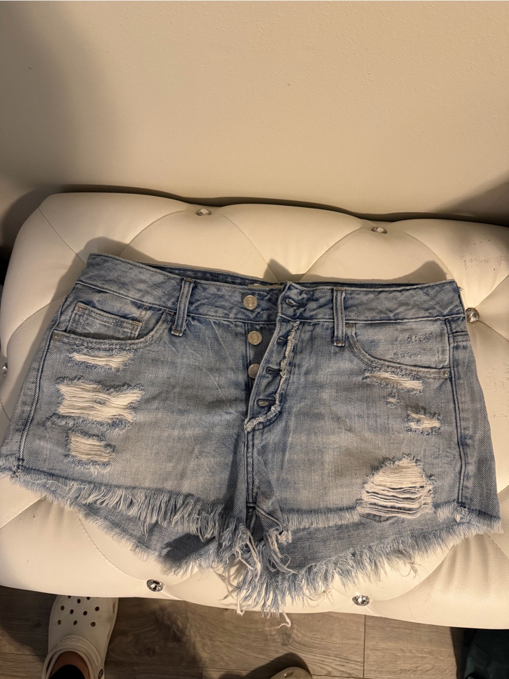 Abercrombie & Fitch Light Blue Distressed Denim Button-Front Shorts